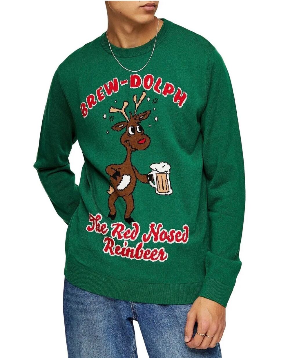Topman Brew-Dolph Men's Size XS Green The Red Nose Rainbeer Crew Neck Sweater